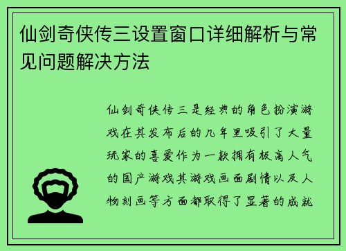 仙剑奇侠传三设置窗口详细解析与常见问题解决方法